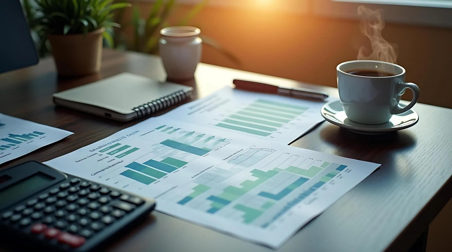 Cost reports, calculator and coffee on an office desk