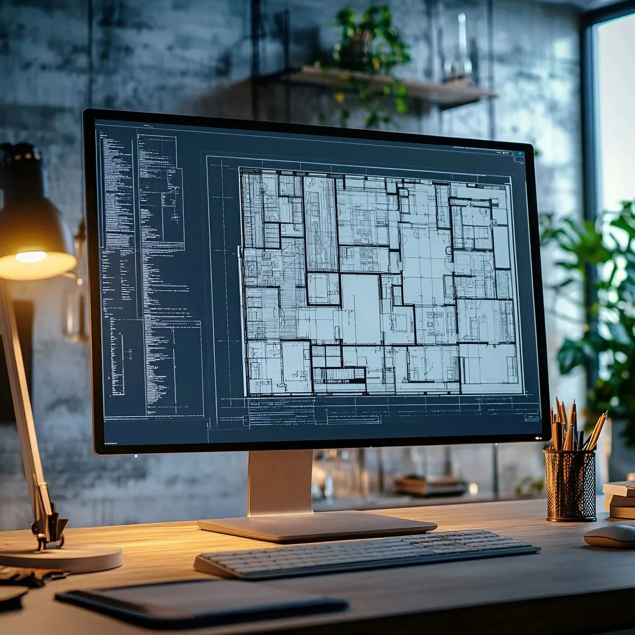 Floor plan drawing open on a desktop monitor in a studio